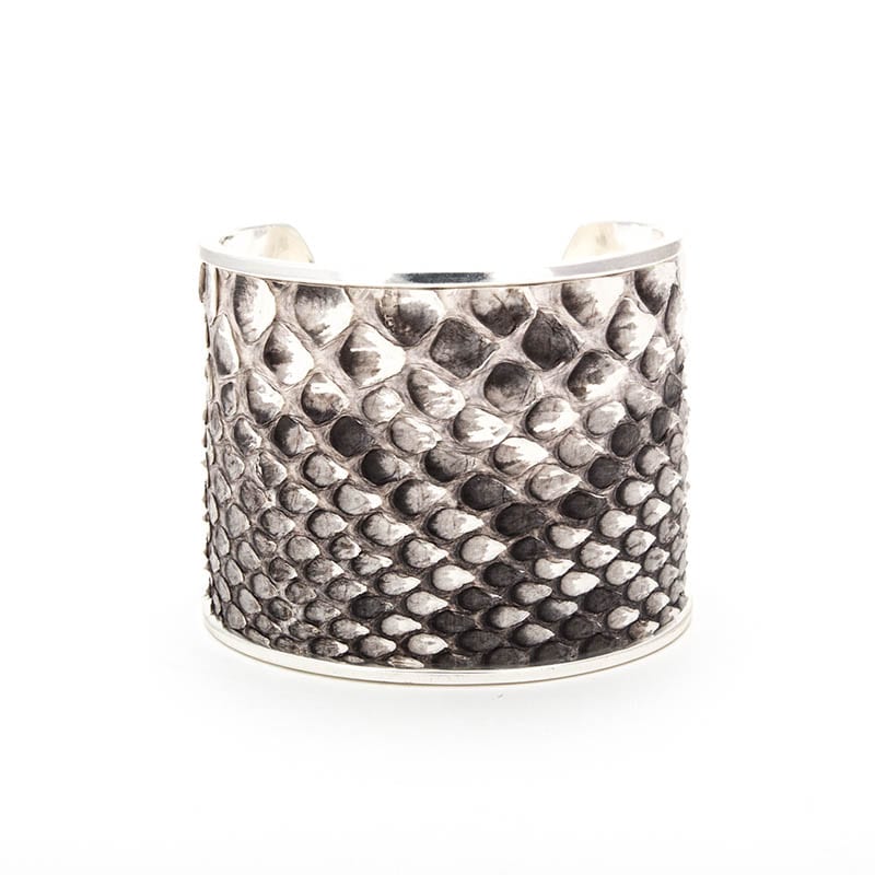 A python skin cuff to demonstrate the type of jewelry used in exotic skin care.