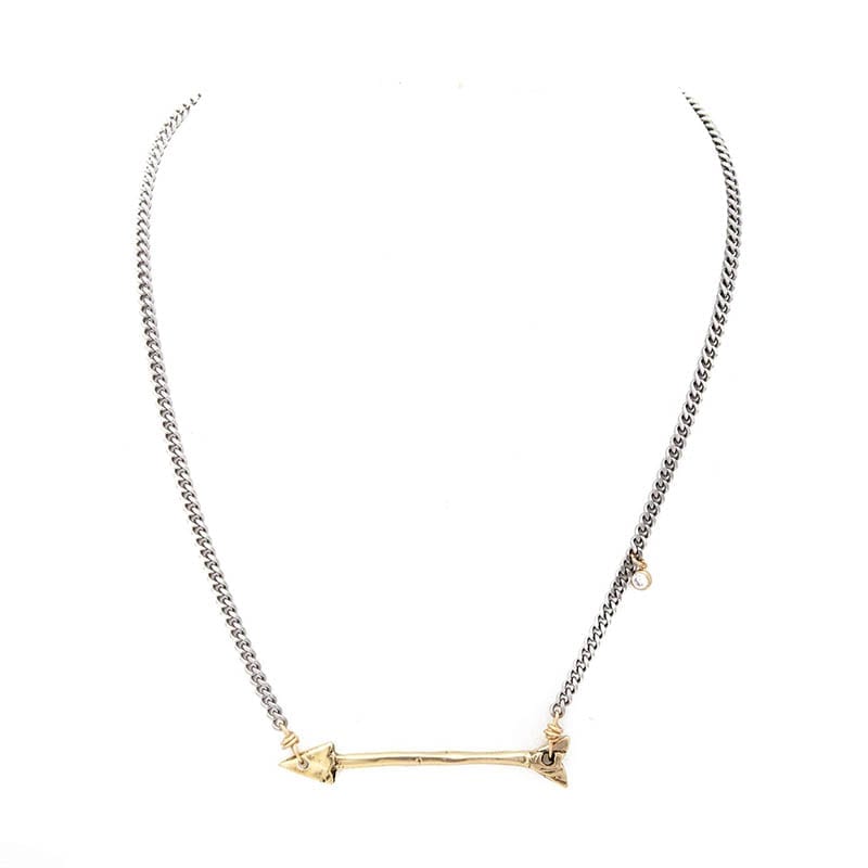Sterling silver chain necklace with brass carved arrow and crystal charm.