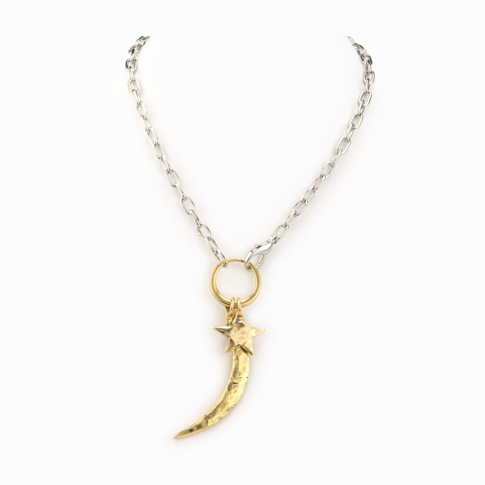 A large silver chain necklace with adjustable front hook, a solid brass ring and completed with a brass star and moon charm.