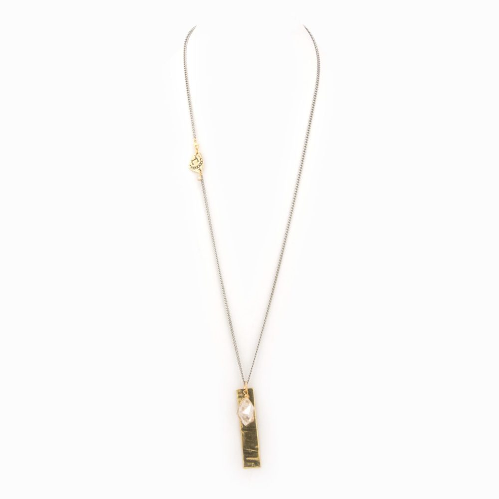 Flat silver chain necklace with gold tag and drop herkimer diamond quartz charm.