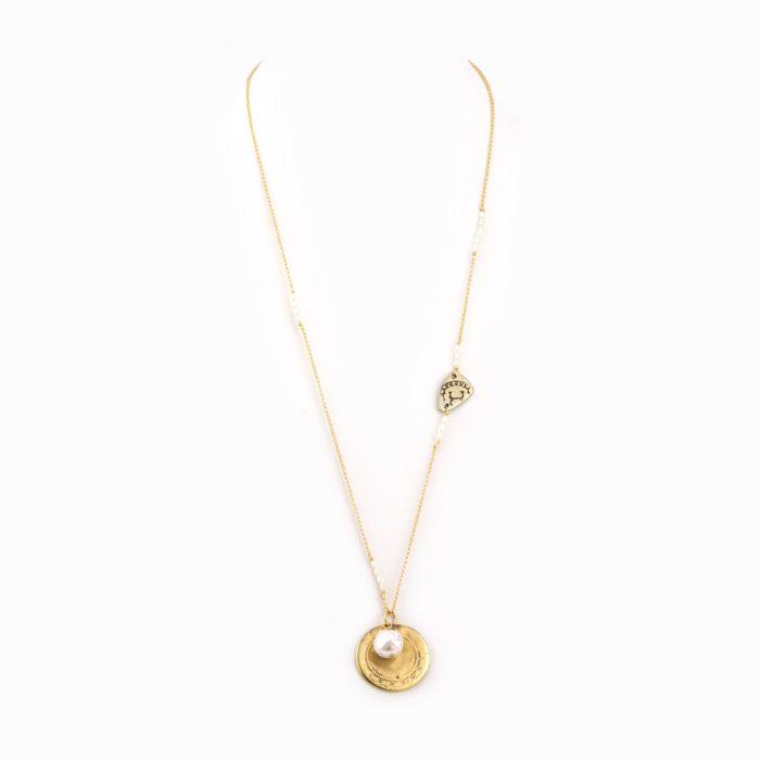 A triple link 14k gold chain necklace with gold stamped coin charm and white pearl.