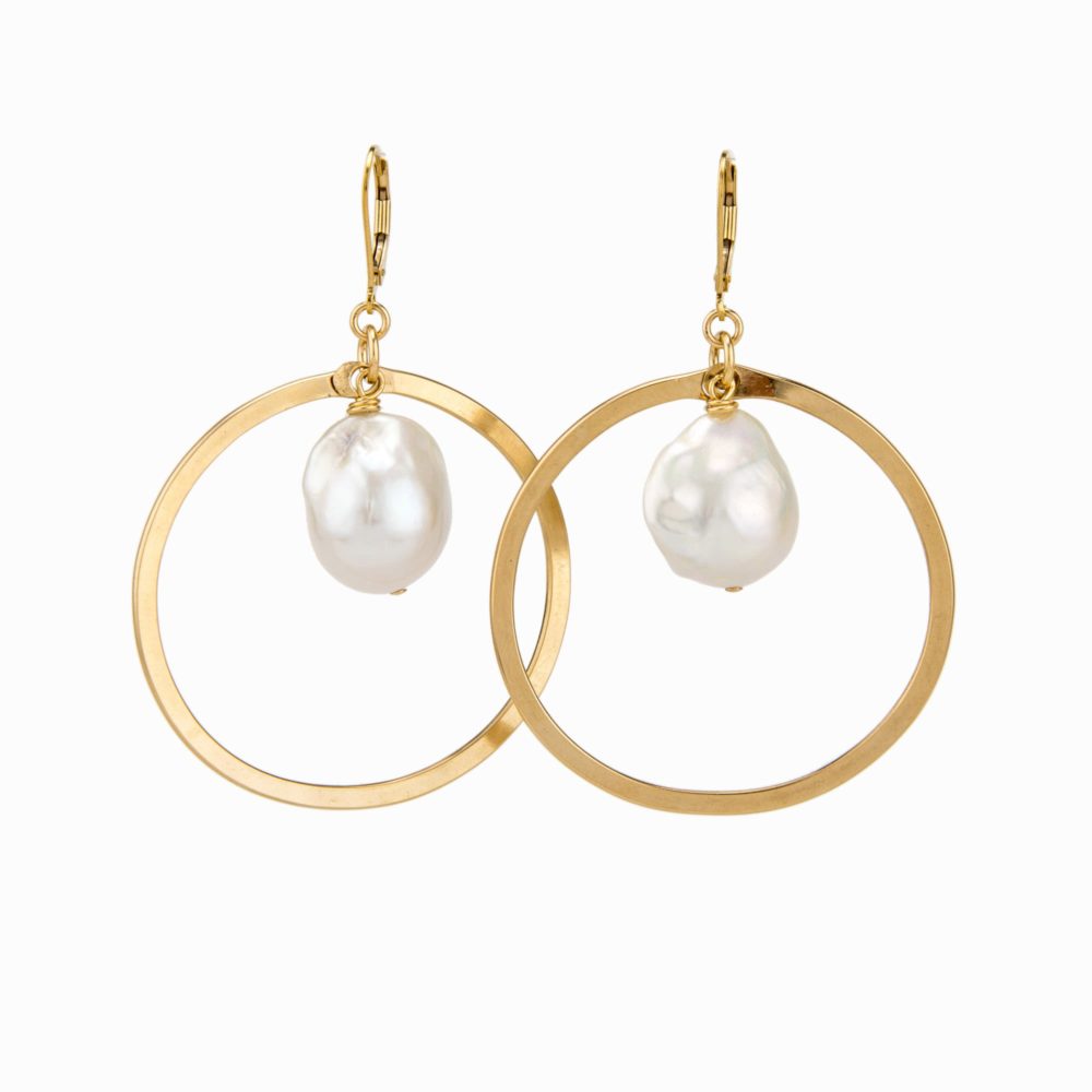 14k gold filled hoop earrings with a fresh water pearl drop and 14k gold fill back.