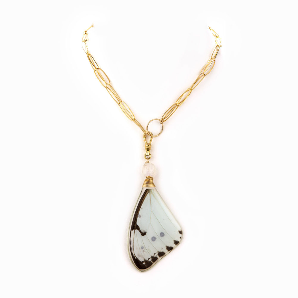 A delicate and thin 14k gold-filled paper clip chain with light blue butterfly wing charm.