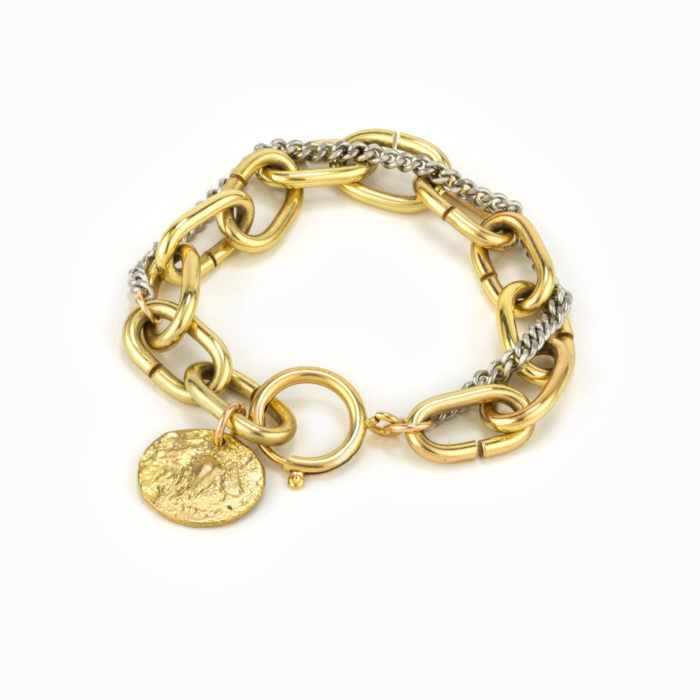 An adjustable brass chain bracelet intermixed with silver matte flat chain and a brass coin.