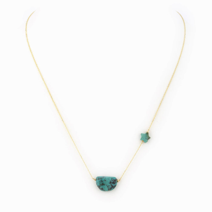 A delicate necklace with 14k gold fill chain with a turquoise chunk and star.