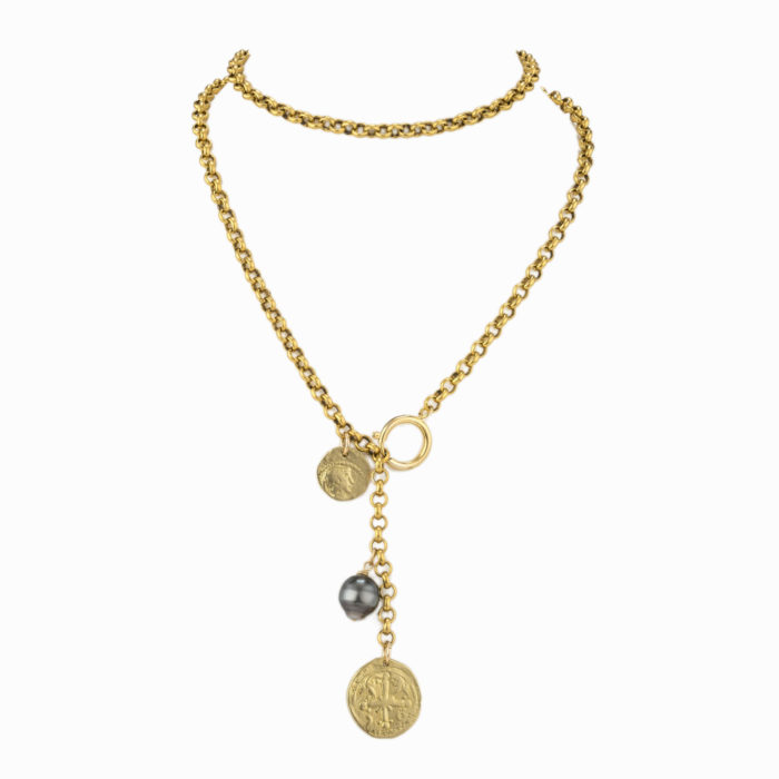 A solid brass rolo chain necklace with an oversized clasp and finshed with a Tahitian pearl and hand casted antique coins.