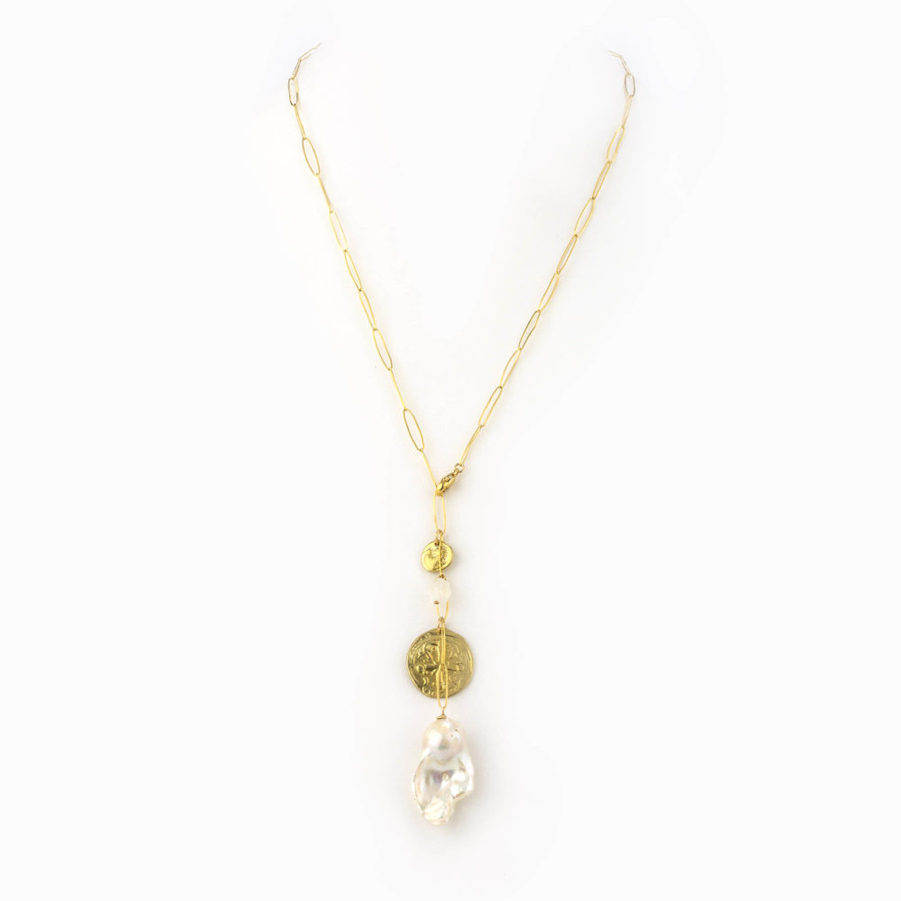 A 14k gold filled paperclip chain necklace with a brass coin, crystal and large baroque pearl.