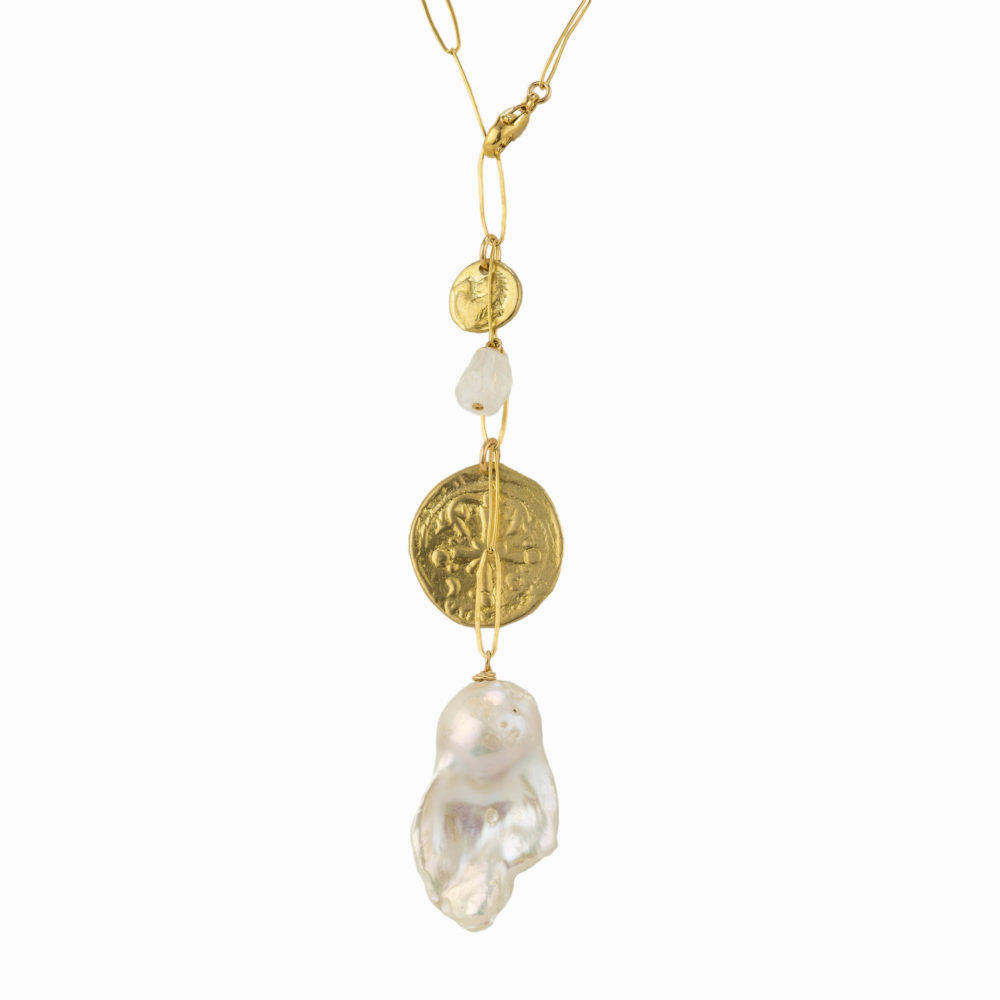 A 14k gold filled paperclip chain necklace with a brass coin, crystal and large baroque pearl.