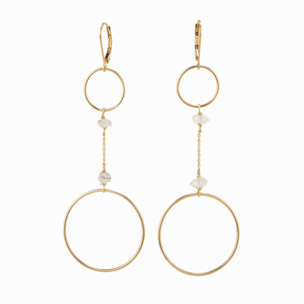 14k gold fill double hoop earrings with 14k gold fill chain and herkimer quartz detail.