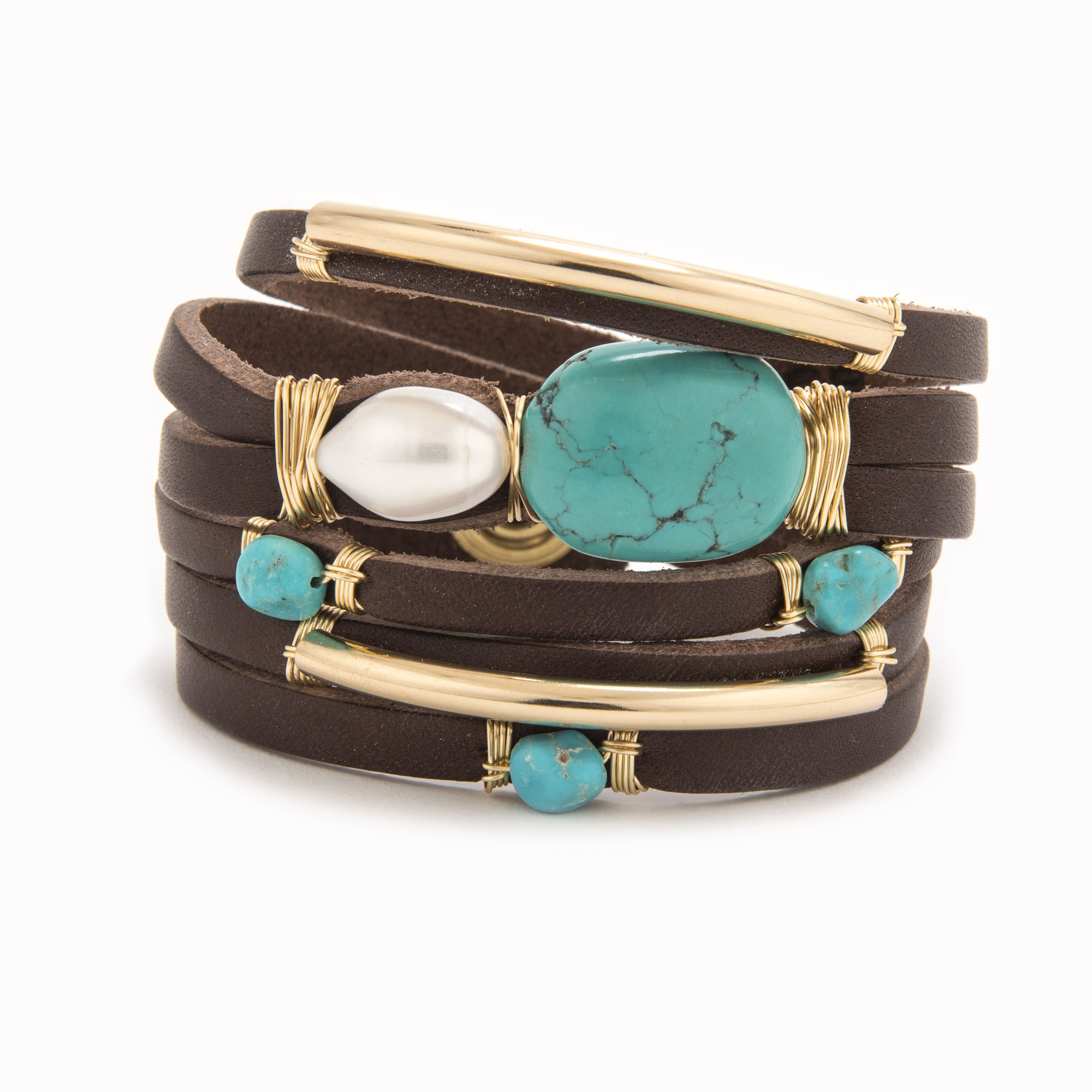 A brown-colored leather wrap bracelet with wire wrapped in 14k gold fill tubes, scattered turquoise, and fresh water pearl.