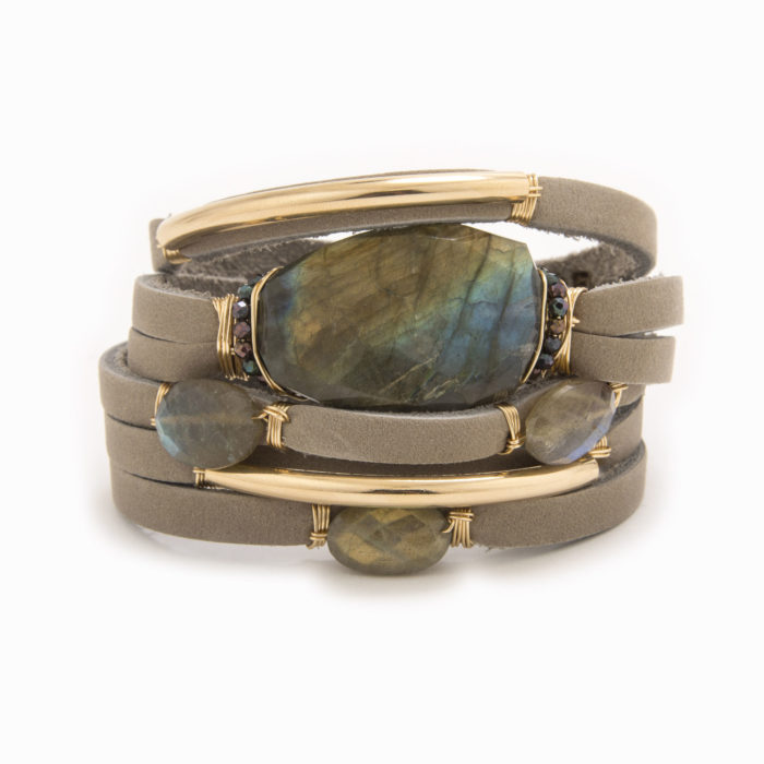 A taupe-colored leather wrap bracelet with wire wrapped in 14k gold fill tubes with labradorite.