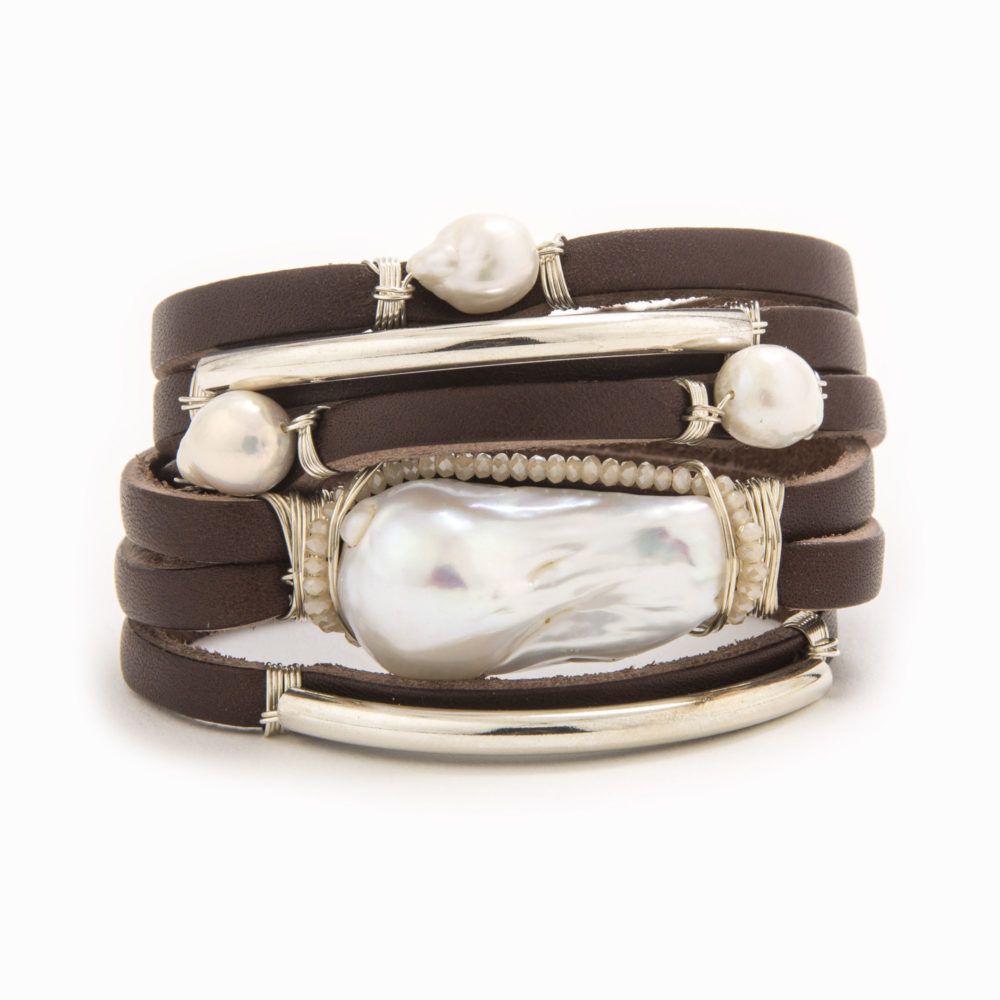 Brown leather wrap bracelet with sterling silver wire, baroque and freshwater pearls.