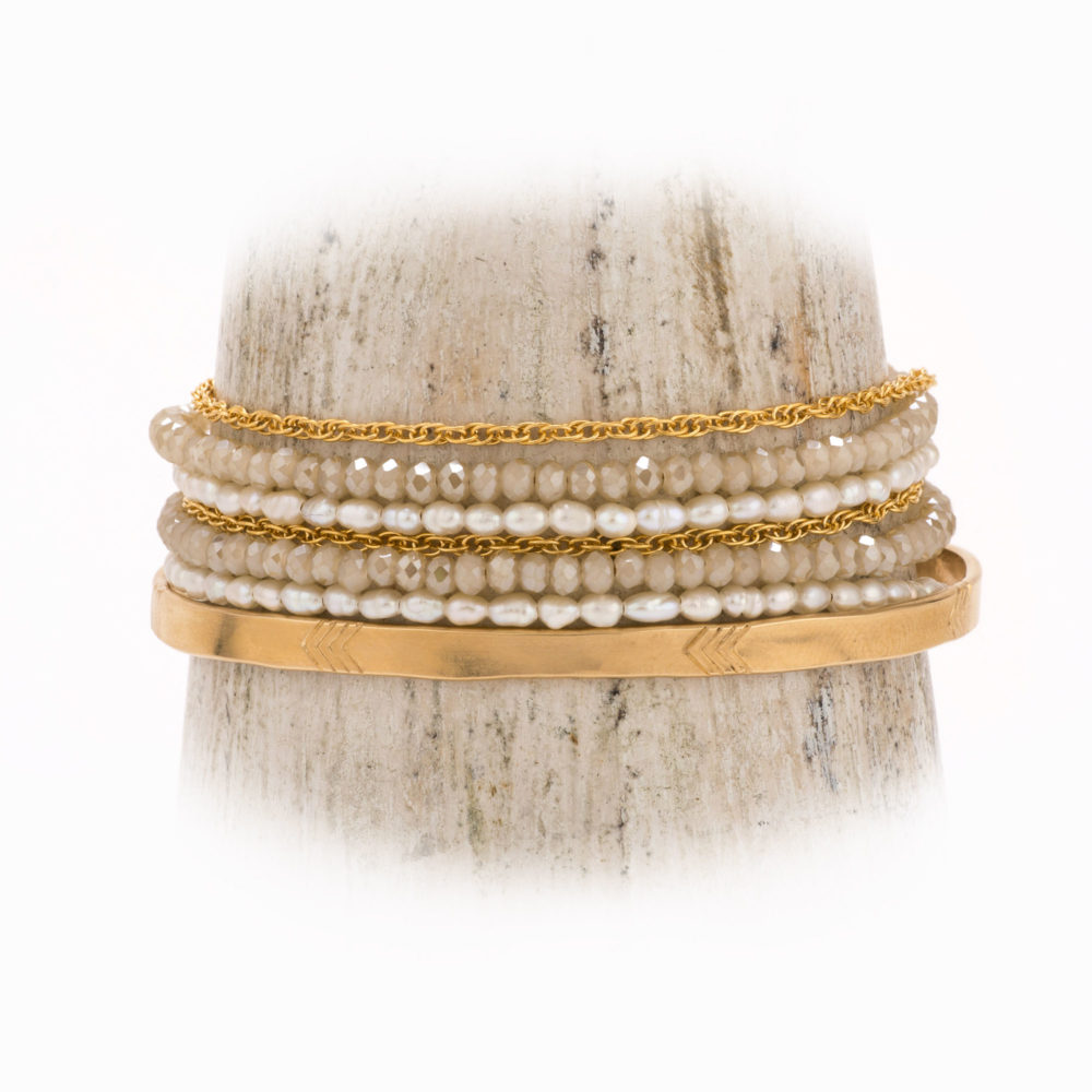 A 14k gold-filled wire bracelet double wrapped with strands of pearl, taupe crystal beads and gold chain, with a lobster claw closure.