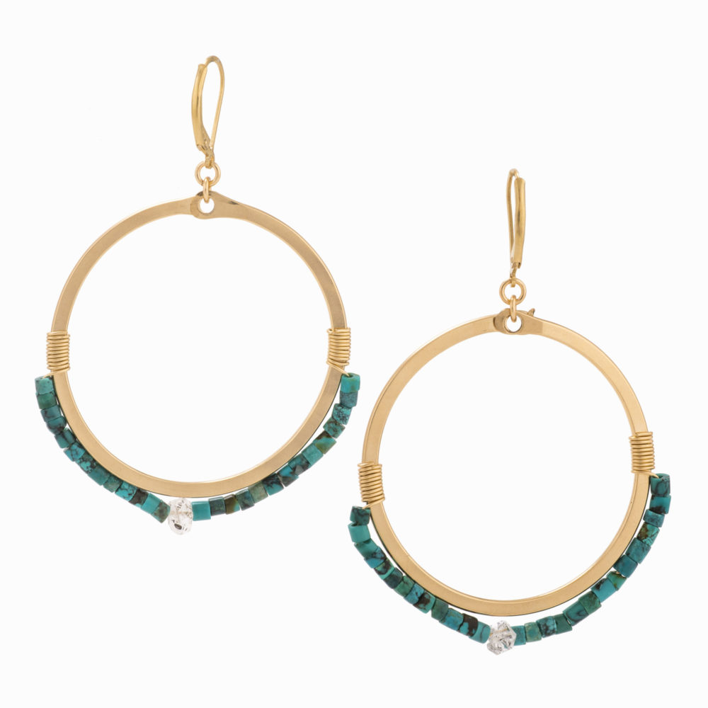 14K gold hoop earrings with wire wrapped turquoise beads.