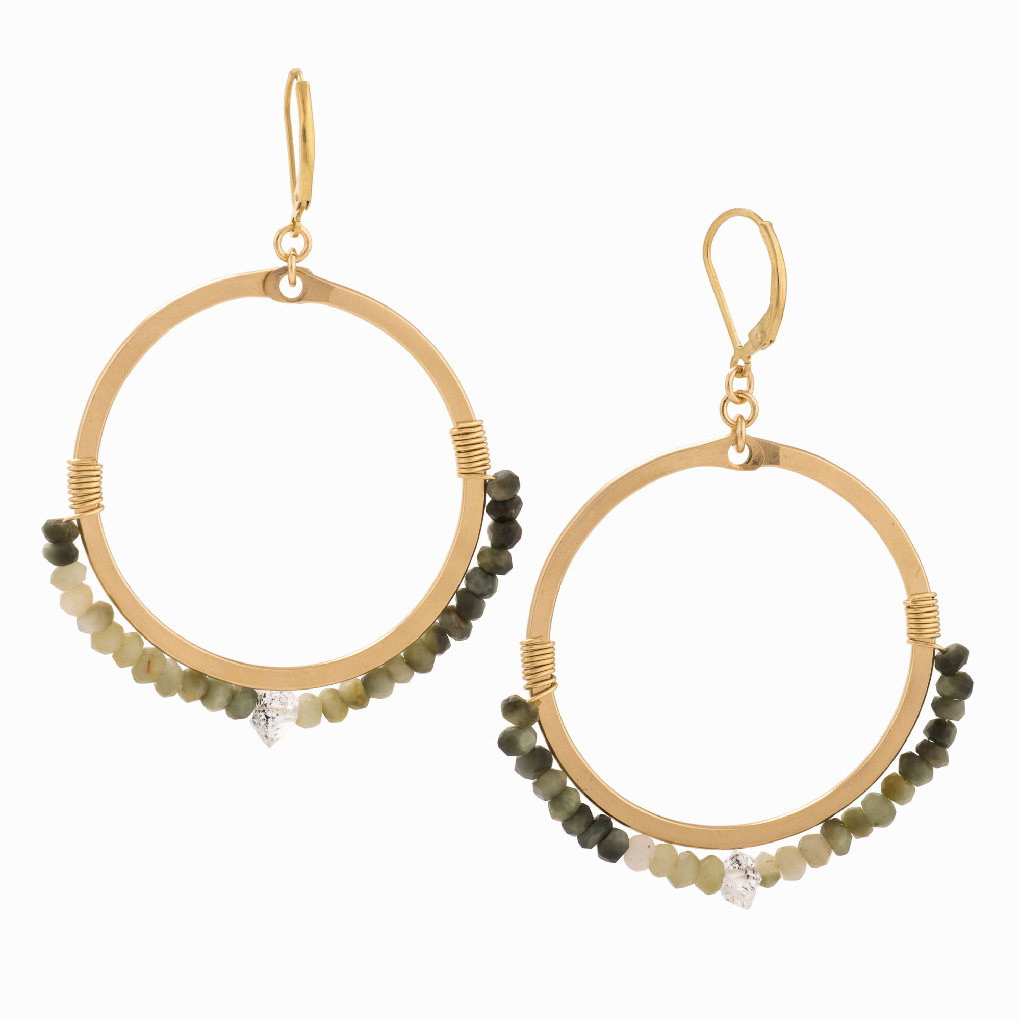14K gold hoop earrings with moss agate beads.