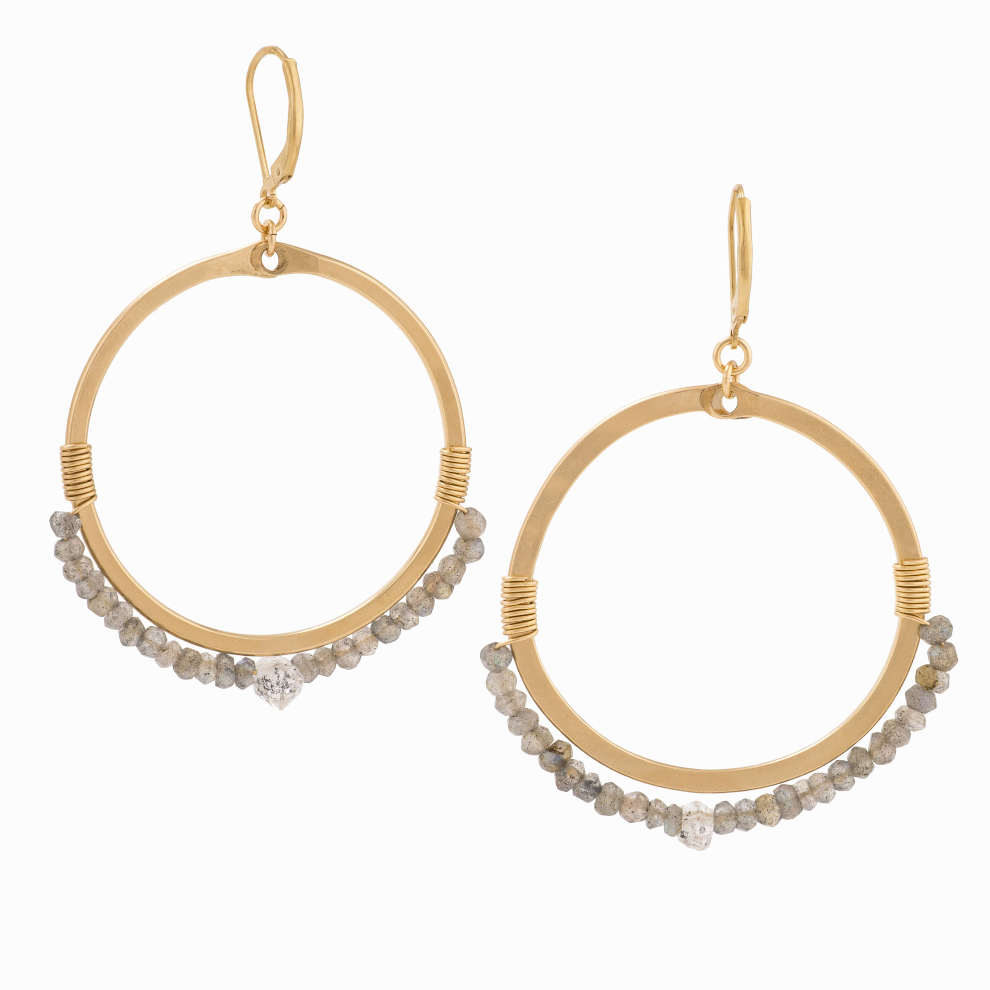 14k gold-filled hoop earrings with wire-wrapped labradorite beads.