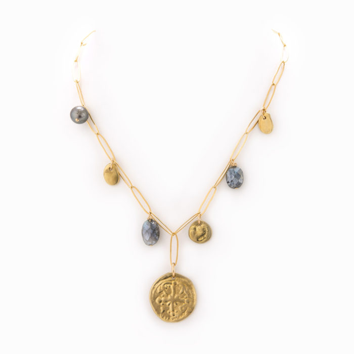 A 14k gold-filled paperclip chain necklace with brass coins, pearlized agate and pearl charms.