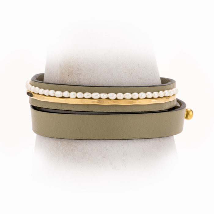 A taupe leather wrap bracelet with 14k gold-filled wire and mini pearls.