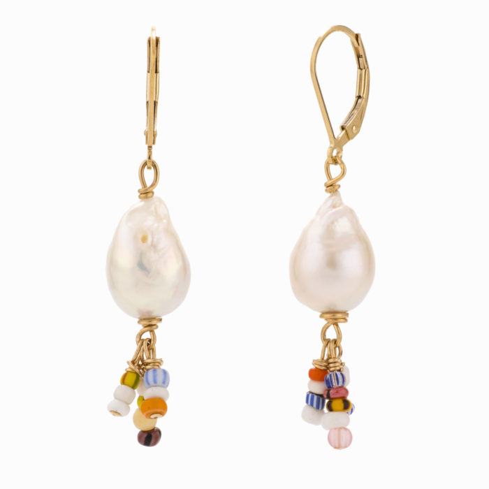 White pearl earrings with 14k gold filled backs and African trade beads.