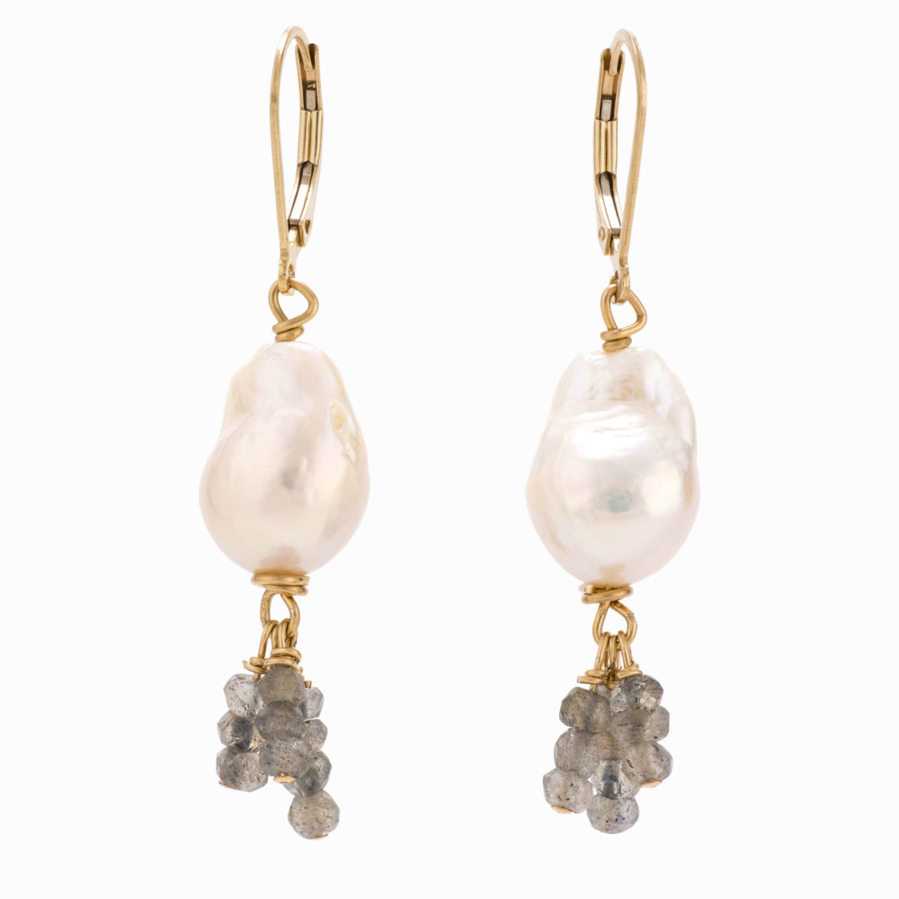 A pair of white pearl earrings with 14k gold-filled backs and labradorite beads.
