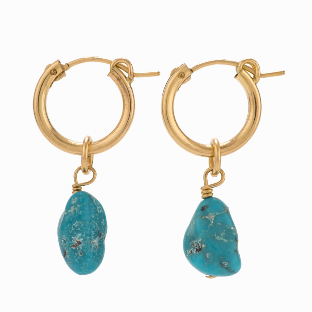 14k gold fill hoop earrings with turquoise charms.