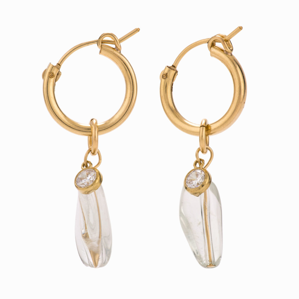 14k gold fill hoop earrings with quartz charms.