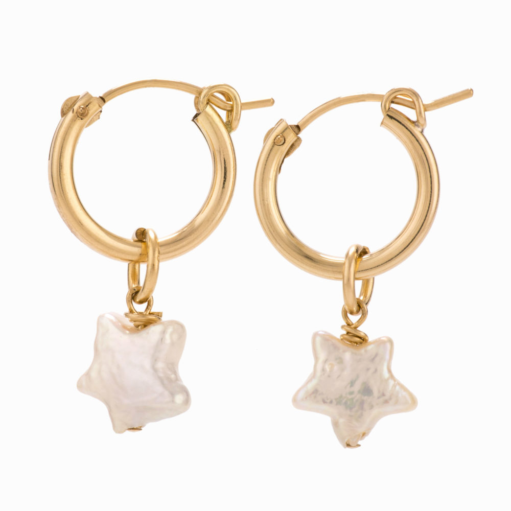 A pair of 14k gold hoop earrings with dangling pearl stars.