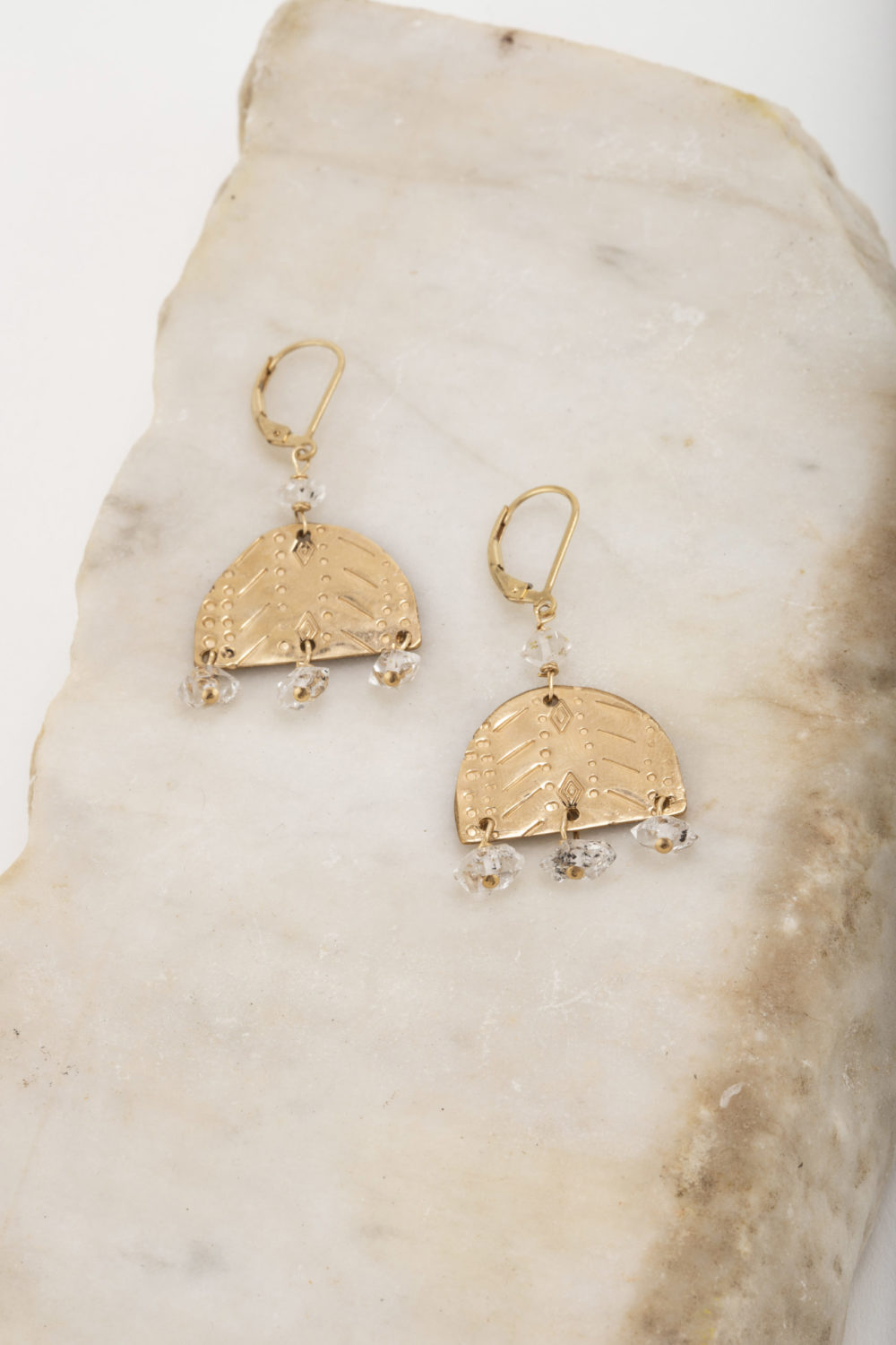 Hand stamped 14k gold fill earrings with hand cut a crystal bezel and 14k gold fill detail.