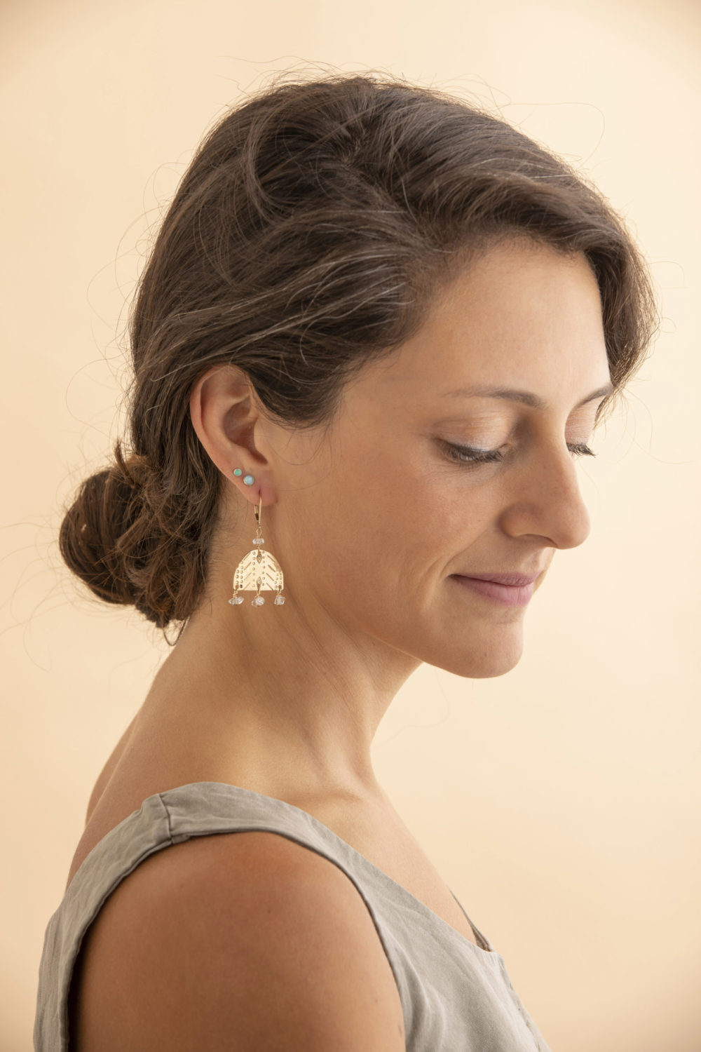 Hand stamped 14k gold fill earrings with hand cut a crystal bezel and 14k gold fill detail.